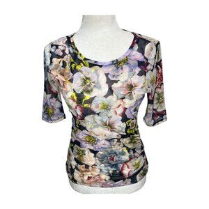 White House Black Market Floral Mesh Ruched Top XS Romantic
